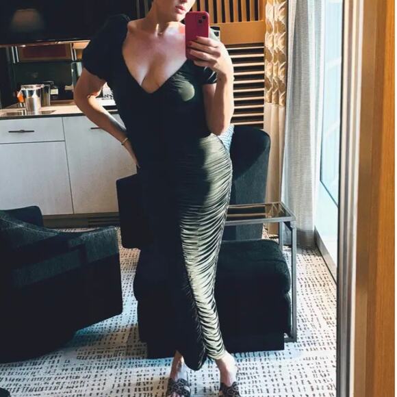 Ronny Kobo Olive Mesh Ruched Midi Dress MEDIUM Slinky Bodycon Cocktail Designer - Picture 6 of 12